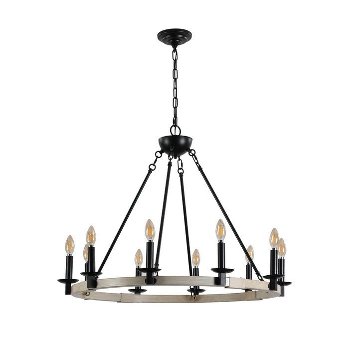 Rustic Farmhouse 10-Light Candle Chandelier, Black Metal and Wood Round Hanging Light Fixture for Dining Room, Kitchen, Living Room, Adjustable Height, E12 Bulb Base (No Bulbs)