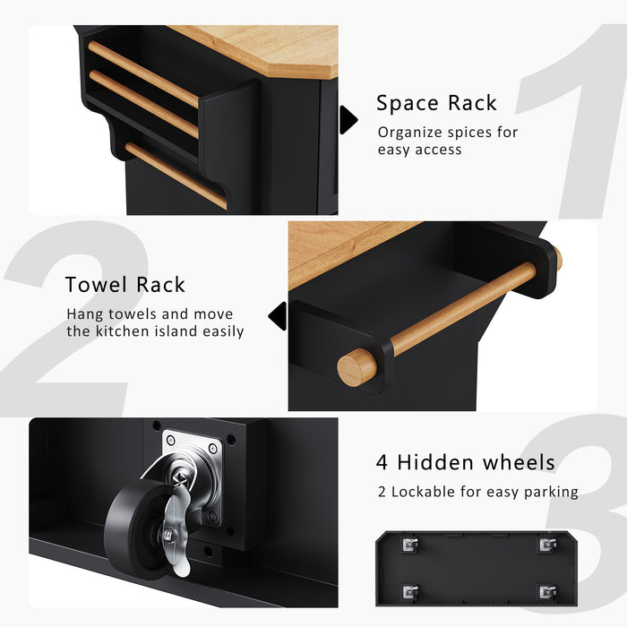 56 inch Kitchen Island with Rubber Wood Veneer Drop Leaf, Power Outlet, 4 Door Shelves, Embossed Vertical Stripe Rolling Kitchen Cart on 4 Wheels with 6 Deep Drawers for Kitchen, Dining Room,Black - DTYStore