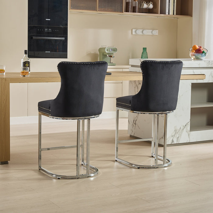 25' Counter Height Bar Stools Set of 2, Modern Velvet Barstools with Button Back&Rivet Trim Upholstered Kitchen Island Chairs with Sturdy Chromed Metal Base Legs Farmhouse Bar Stools, (Black,2 Pack) - DTYStore