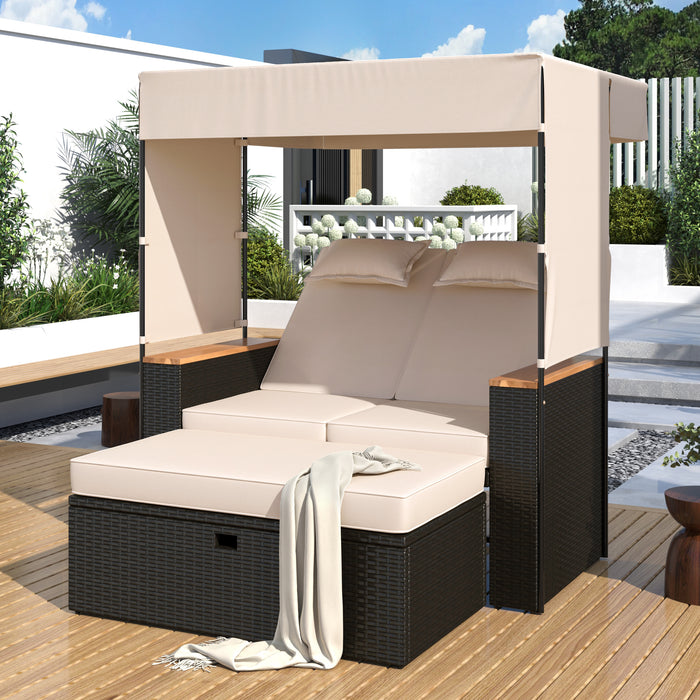 2-Piece Outdoor Rattan Daybed, Outdoor Bed with 5 Positions, Outdoor Loveseat Patio Sofa with Bench Lounge Roof Set and Cushions for Poolside, Backyard and Garden (Brown Wicker + Beige Fabric) - DTYStore