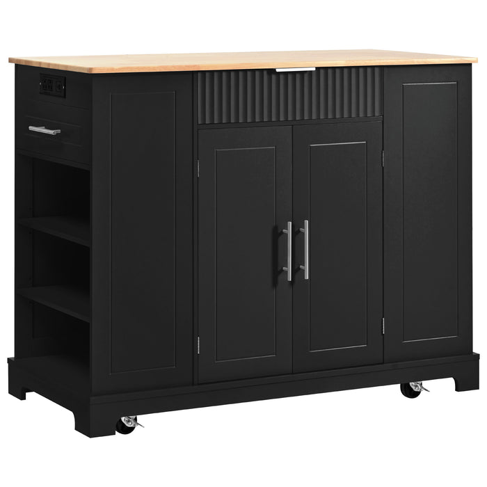 Fluted Kitchen Island with Trash Can Storage Cabinet, Power Outlet, Internal Storage Rack, Rolling Kitchen Islands on 5 Wheels with 3 Drawer, 3 Open Side Racks for 10 Gallon Garbage Bin, Black - DTYStore