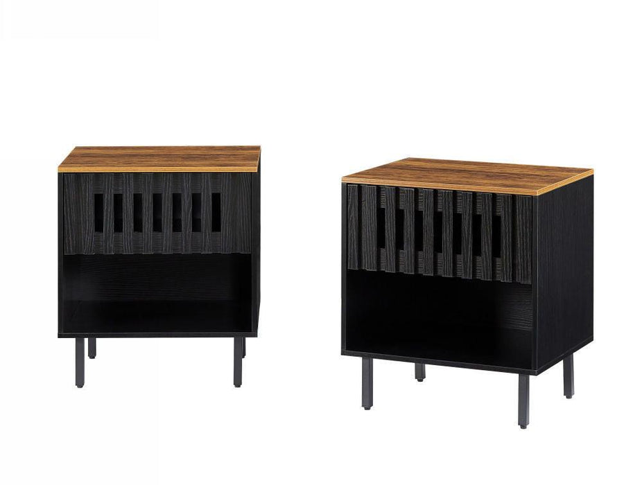 2 Set Nightstands with Grille Striped Doors, Mid Century Modern Nightstand, Bedside Table with Slatted Drawer Decor, End Tables Bedroom with Metal Legs, Night Stand for Bedroom