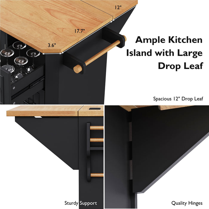 56 inch Kitchen Island with Rubber Wood Veneer Drop Leaf, Power Outlet, 4 Door Shelves, Embossed Vertical Stripe Rolling Kitchen Cart on 4 Wheels with 6 Deep Drawers for Kitchen, Dining Room,Black - DTYStore