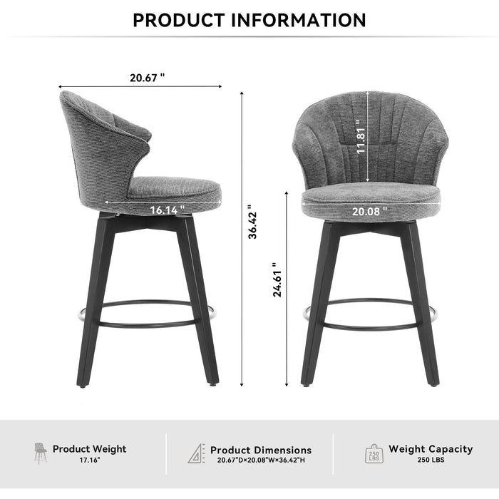 008-Wing Back Swivel Bar Stools Set of 2 - 25' Counter Height Adjustable Stools with Solid Wood Legs & Chenille Upholstery, Leveling Feet for Kitchen Island, Home Pub or Dining Room, Dark Grey - DTYStore