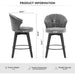 008-Wing Back Swivel Bar Stools Set of 2 - 25' Counter Height Adjustable Stools with Solid Wood Legs & Chenille Upholstery, Leveling Feet for Kitchen Island, Home Pub or Dining Room, Dark Grey - DTYStore