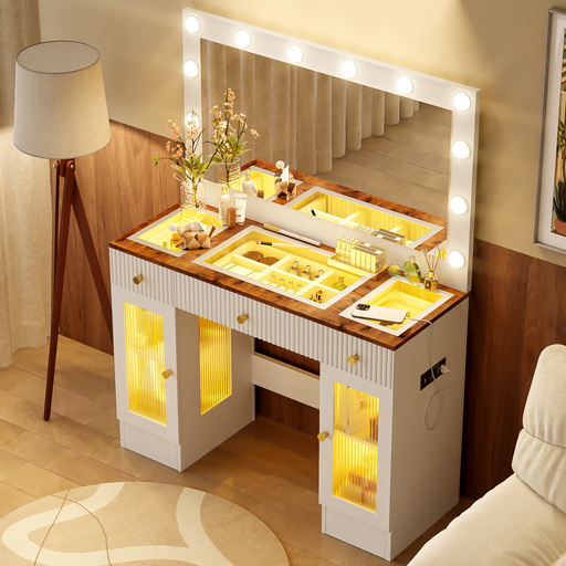 43.3' Vanity Desk with Large Mirror and Hollywood Bulbs, Modern Glass Top Makeup Vanity with Drawers and Power Outlet, Large Dressing Table with 3 Color Lighting Modes & RGB Cabinets for Bedroom - DTYStore