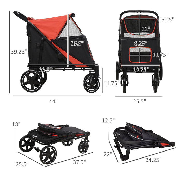 One-Click Foldable Doggy Stroller for Medium Large Dogs, Pet Stroller with Storage, Smooth Ride with Shock Absorption, Mesh Window, Safety Leash, Big Dog Walking Stroller, Red - DTYStore