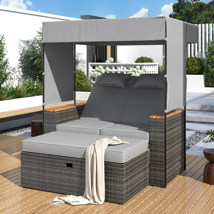 2-Piece Outdoor Rattan Daybed, Outdoor Bed with 5 Positions, Outdoor Loveseat Patio Sofa with Bench Lounge Roof Set and Cushions for Poolside, Backyard and Garden (Grey Wicker + Grey Fabric) - DTYStore