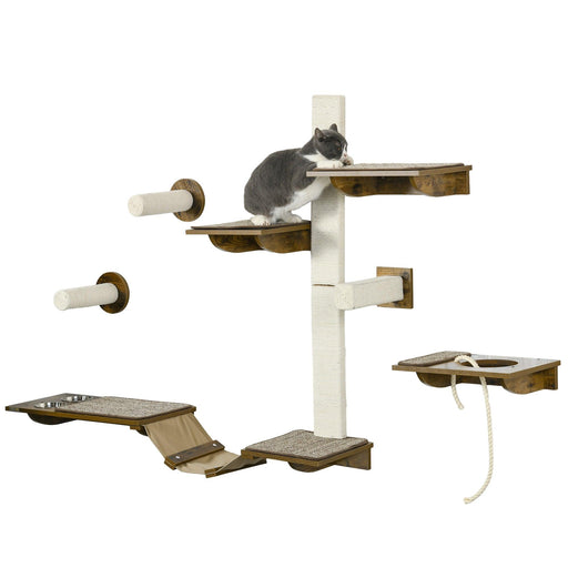 Cat Wall Shelves, Cat Wall Furniture with Perches, Scratching Posts, Ladder, Feeder Bowls, 8 Piece Wall Mounted Cat Shelves for Climbing, Sleeping, Playing, Brown - DTYStore