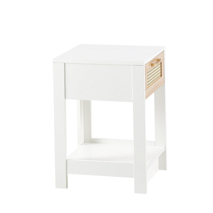 15.75" Rattan End table with drawer, Modern nightstand, side table for living room, bedroom,white - DTYStore
