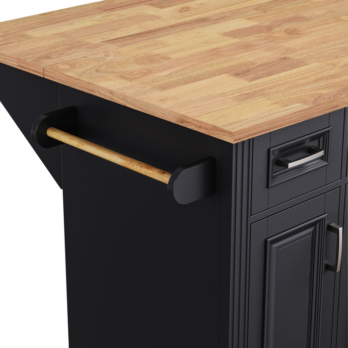 54inch Large Kitchen Island with Rubber Wood Drop Leaf, Embossed Texture Rolling Kitchen Cart on 4 Wheels with 4 Doors and 3 Drawers, Kitchen Island with Storage for Kitchen, Dining Room,Black - DTYStore