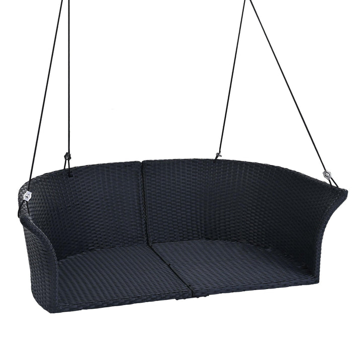 51.9" 2-Person Hanging Seat, Rattan Woven Swing Chair, Porch Swing With Ropes, Black Wicker And White Cushion