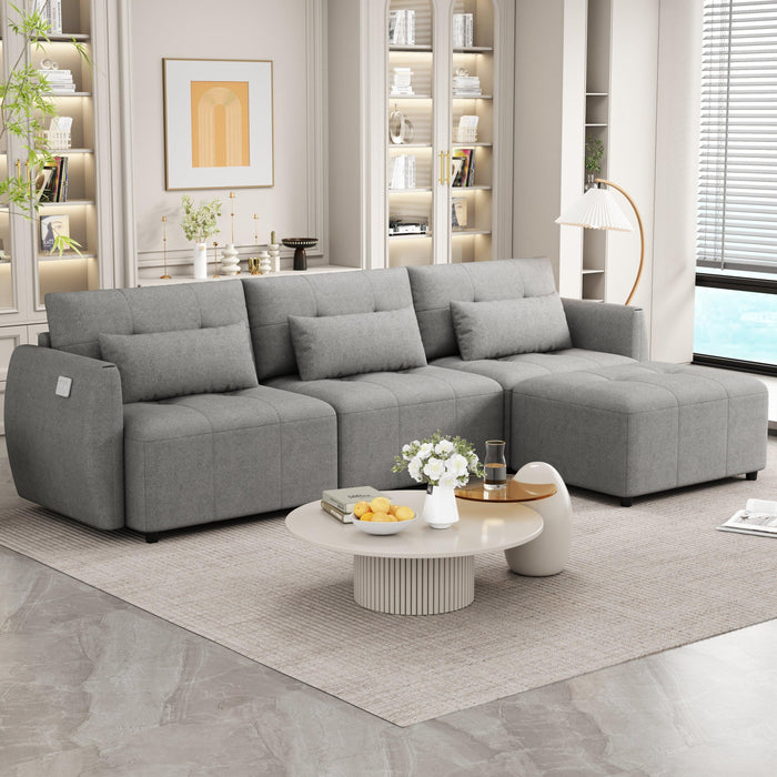 113.3" Convertible Sectional Sofa Couch 3-Seat L-Shaped with Movable Ottoman and USB Grey