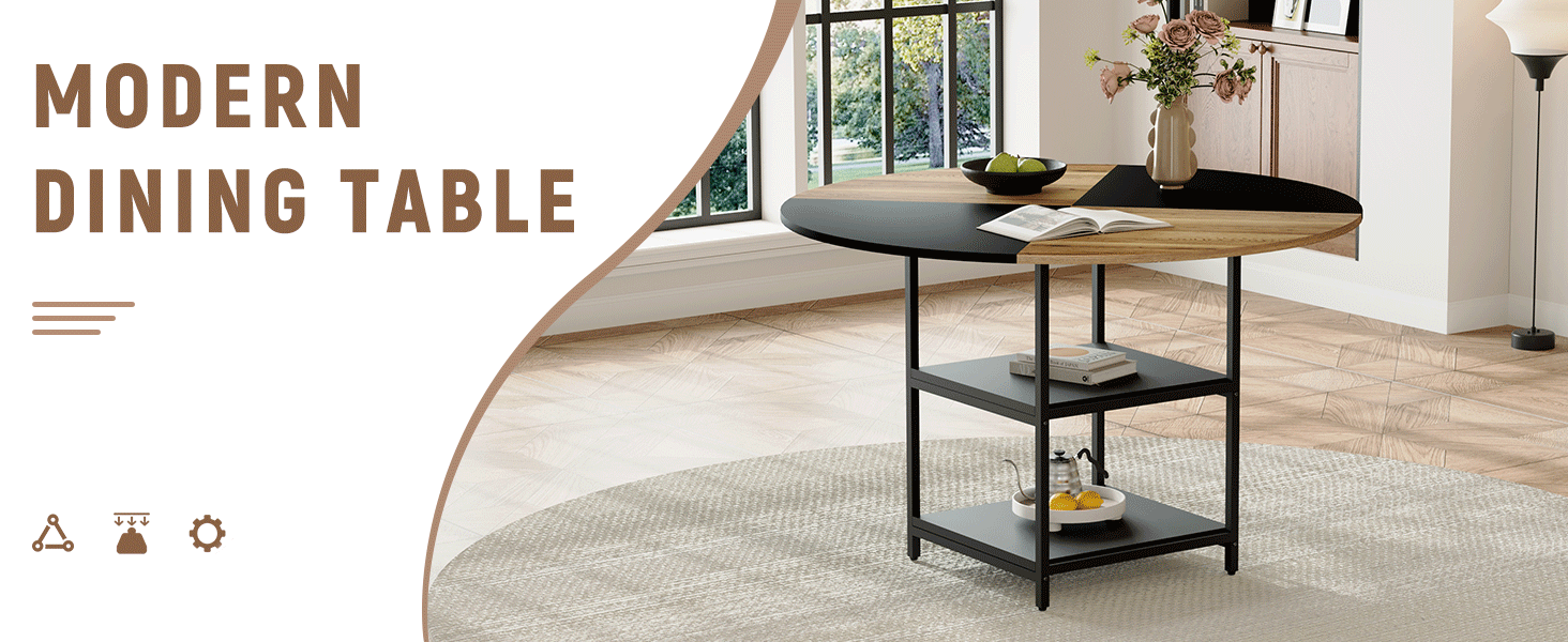 47.3-inch diameter modern splicing circular dining table - double-layer storage, wood and black fan-shaped diagonal color matching design, interpreting home aesthetics and practicality. - DTYStore