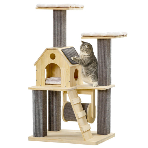 Cozy-House Cat Tree for Indoor Cats with Pillow-Covered Perches, Spinning Toy, Modern Climbing Activity Cat Tower with Scratching Posts, Cat Condo, Ladder, Natural - DTYStore