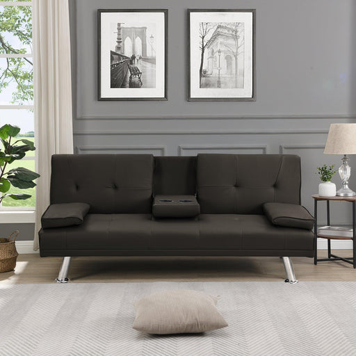 Sofa Bed with Armrest two holders WOOD FRAME, STAINLESS LEG, FUTON BROWN PVC,DARK BROWN - DTYStore