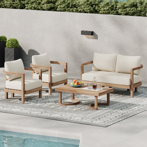 4-Pieces Acacia Wood Patio Furniture Set, Outdoor Furniture with Coffee Table, Patio Conversation Set Deep Seating with Soft Cushion, Porch Chairs for Garden, Backyard Porch Balcony, Brown wash, Beige - DTYStore