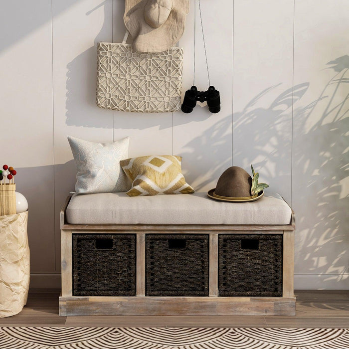 Rustic Storage Bench with 3 Removable Classic Rattan Baskets and Cushion