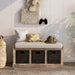 Rustic Storage Bench with 3 Removable Classic Rattan Baskets and Cushion