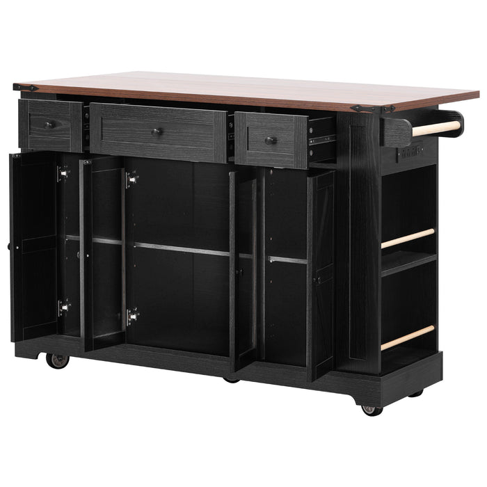 53'' Farmhouse Kitchen Island with Two Tempered Glass Cabinet Doors, Power Outlet, Rolling Kitchen Cart on Wheels with Drop Leaf, 5 Open Side Racks, 3 Drawers, for Kitchen, Dining Room, Black - DTYStore