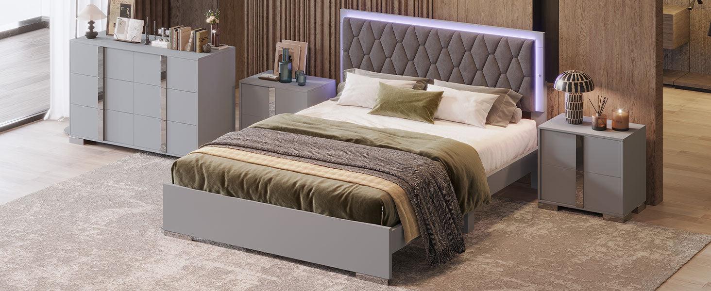 4-Pieces Bedroom Sets Queen Size Upholstered Bed with LED Lights, Mirrored Nightstands and Dresser with Metal Handles and Legs,Grey