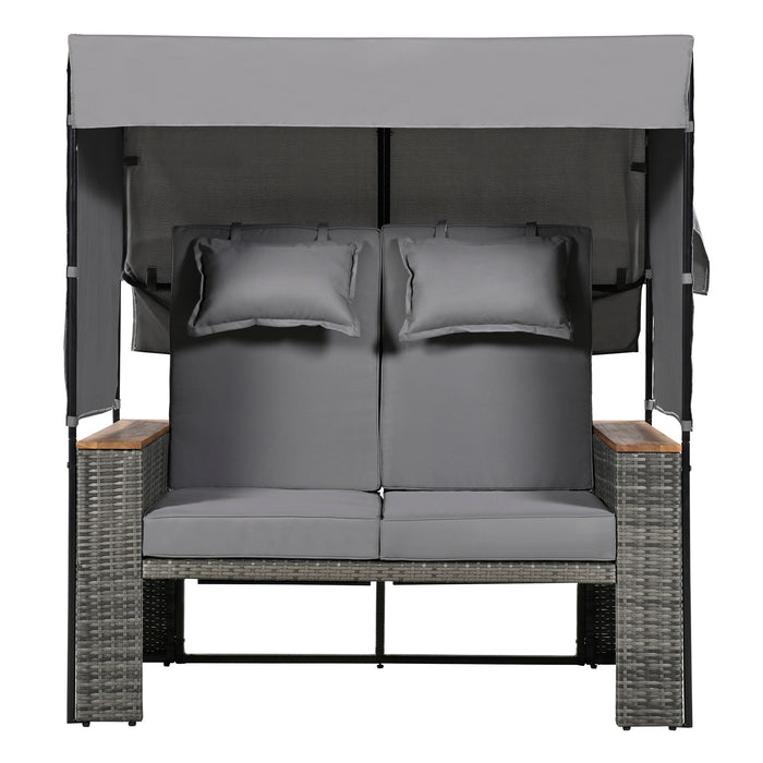 2-Piece Outdoor Rattan Daybed, Outdoor Bed with 5 Positions, Outdoor Loveseat Patio Sofa with Bench Lounge Roof Set and Cushions for Poolside, Backyard and Garden (Grey Wicker + Grey Fabric) - DTYStore