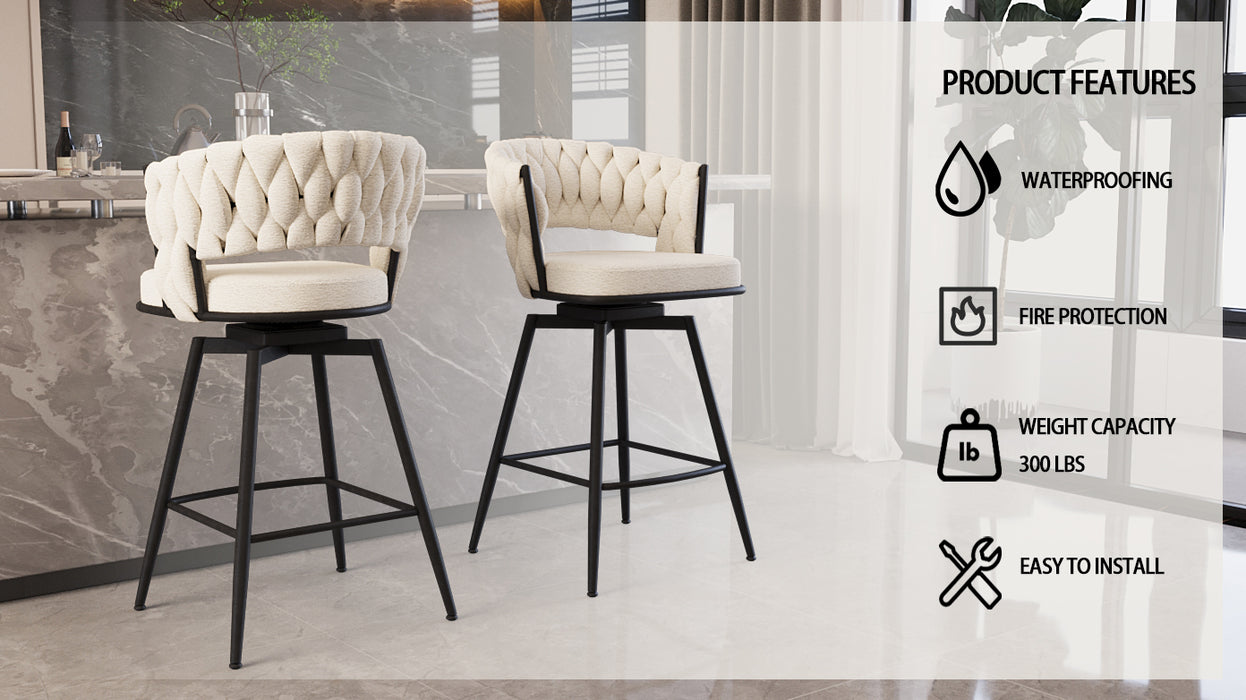 26' Bar Chair Linen Woven Bar Stool Set of 2,Black legs Barstools No Adjustable Kitchen Island Chairs,360 Swivel Bar Stools Upholstered Bar Chair Counter Stool Arm Chairs with Back Footrest (White) - DTYStore
