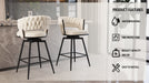 26' Bar Chair Linen Woven Bar Stool Set of 2,Black legs Barstools No Adjustable Kitchen Island Chairs,360 Swivel Bar Stools Upholstered Bar Chair Counter Stool Arm Chairs with Back Footrest (White) - DTYStore