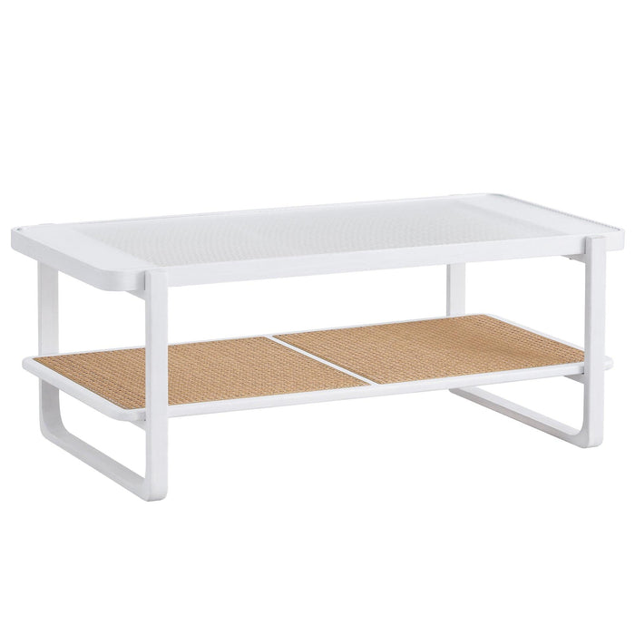 Modern Minimalist White Double Layered Solid Wood Coffee Table. Glass tabletop, imitation rattan edge table. Rectangular table suitable for living room, dining room, and bedroom