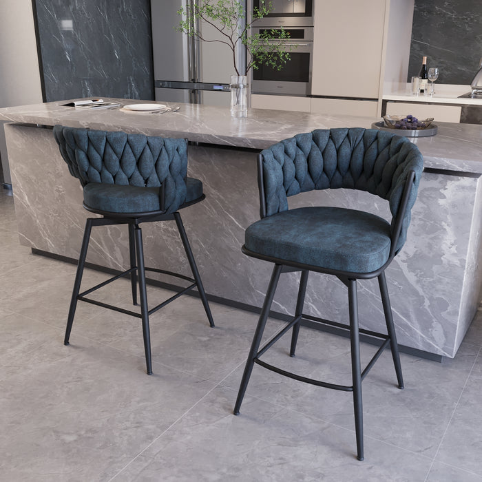26' Bar Chair Suede Woven Bar Stool Set of 2,Black legs Barstools No Adjustable Kitchen Island Chairs,360 Swivel Bar Stools Upholstered Bar Chair Counter Stool Arm Chairs with Back Footrest (Blue) - DTYStore