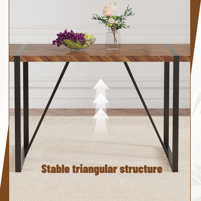 A minimalist retro rectangular dining table with a specially textured top and black metal legs.Contemporary Minimalist MDF Dark Wood Textured Tabletop.Able To Give People A Visual Beauty With Rules. - DTYStore