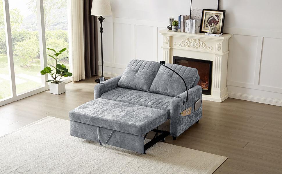 53.9" Modern Loveseat Pull-out Sofa Bed with Adjustable Backrest, Two Cup Holders , a Phone Holder, Three Charging Ports and Side Storage Pockets for Living Room, Grey