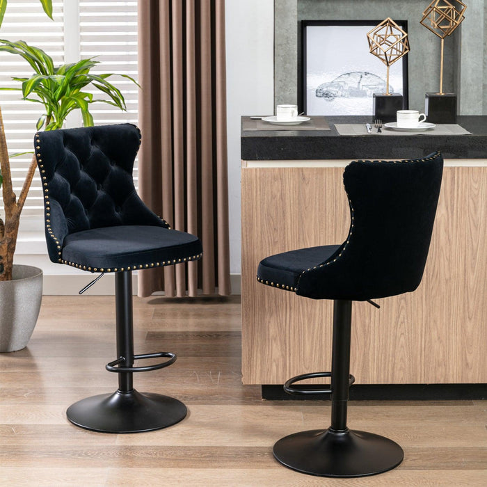 A&A Furniture,Swivel Velvet Barstools Adjusatble Seat Height from 25-33 Inch,17.7 inch base, Modern Upholstered Bar Stools with Backs Comfortable Tufted for Home Pub and Kitchen Island,Black,Set of 2