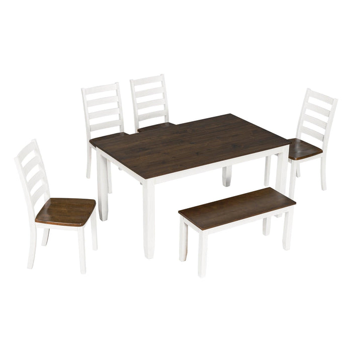 TREXM Rustic Style 6-Piece Dining Room Table Set with 4 Ergonomic Designed Chairs & a Bench (Walnut + Cottage White)