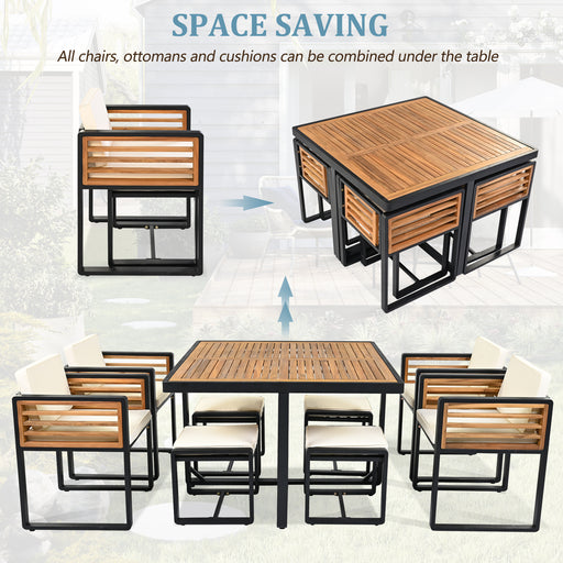 GO 18-Pieces Acacia Wood Patio Dining Set, Space Saving Outdoor Patio Set, 8 Cushioned Chairs & 8 Ottomans & 2 Square Table, for Backyard, Garden, Deck and Poolside, Beige - DTYStore