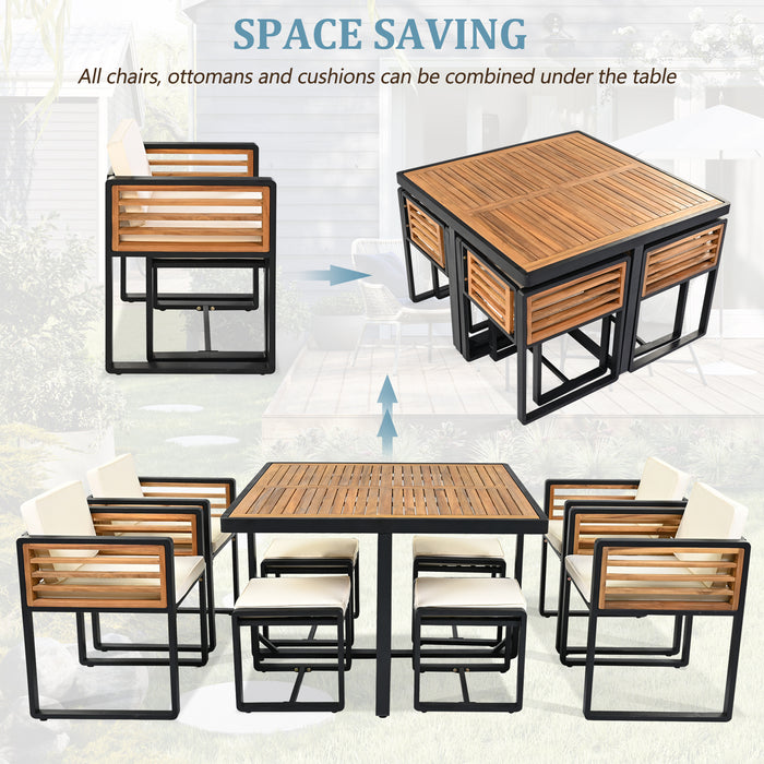 GO 18-Pieces Acacia Wood Patio Dining Set, Space Saving Outdoor Patio Set, 8 Cushioned Chairs & 8 Ottomans & 2 Square Table, for Backyard, Garden, Deck and Poolside, Beige - DTYStore
