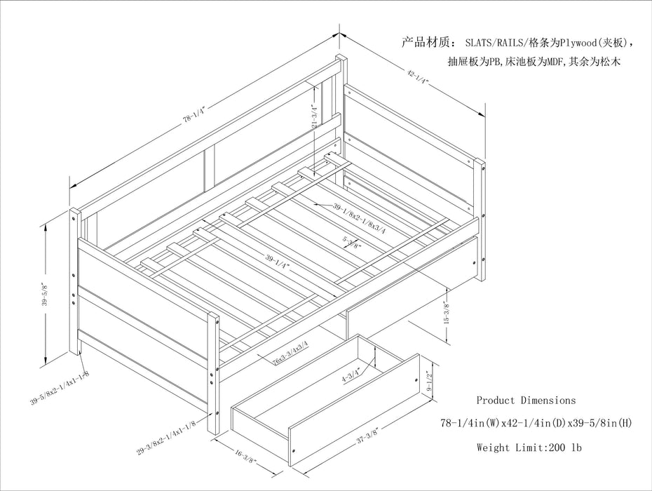 Daybed with two drawers, Twin size Sofa Bed, Two Storage Drawers for Bedroom,Living Room ,White