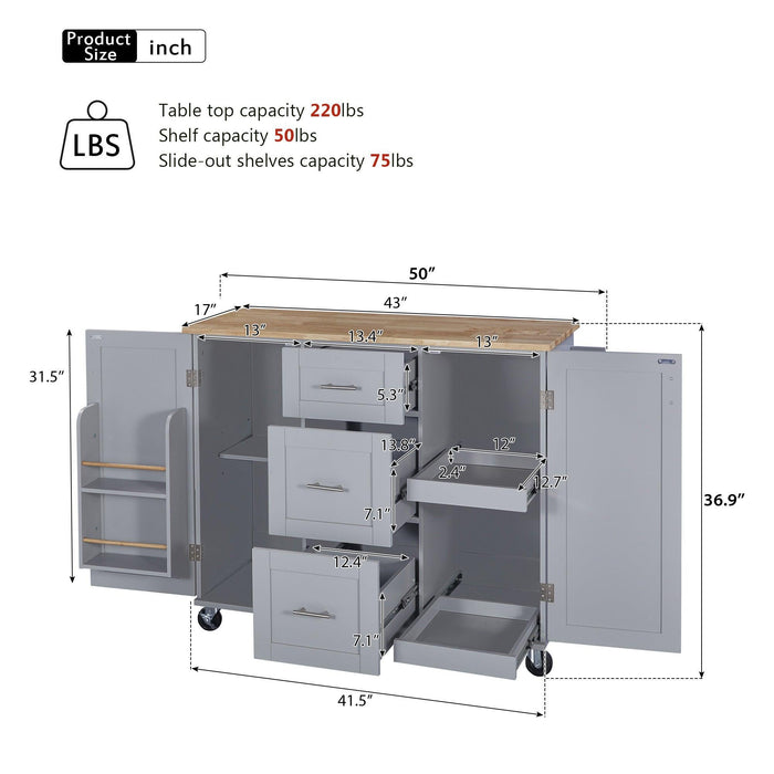 K&K Rolling Kitchen Island with Storage, Kitchen Cart with Rubber Wood Top, 3 Drawer, 2 Slide-Out Shelf and Internal Storage Rack, Kitchen Island on Wheels with Spice Rack & Tower Rack, Grey Blue