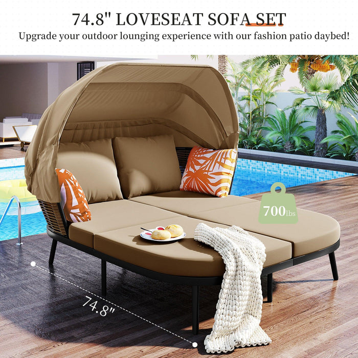 74.8" L Patio Daybed with Retractable Canopy, Outdoor Rattan PE Wicker Loveseat Sofa Set with Throw Pillows and Cushions for Backyard, Poolside, Garden