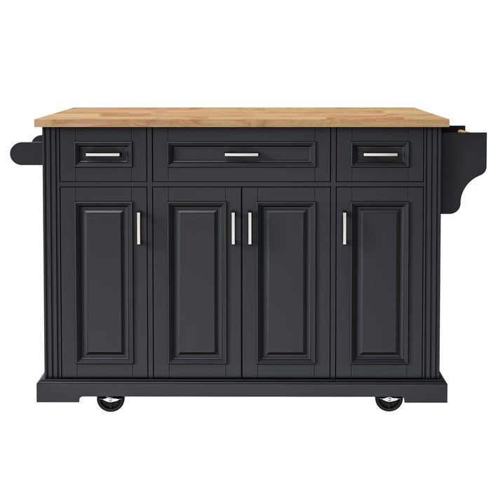 54inch Large Kitchen Island with Rubber Wood Drop Leaf, Embossed Texture Rolling Kitchen Cart on 4 Wheels with 4 Doors and 3 Drawers, Kitchen Island with Storage for Kitchen, Dining Room,Black - DTYStore