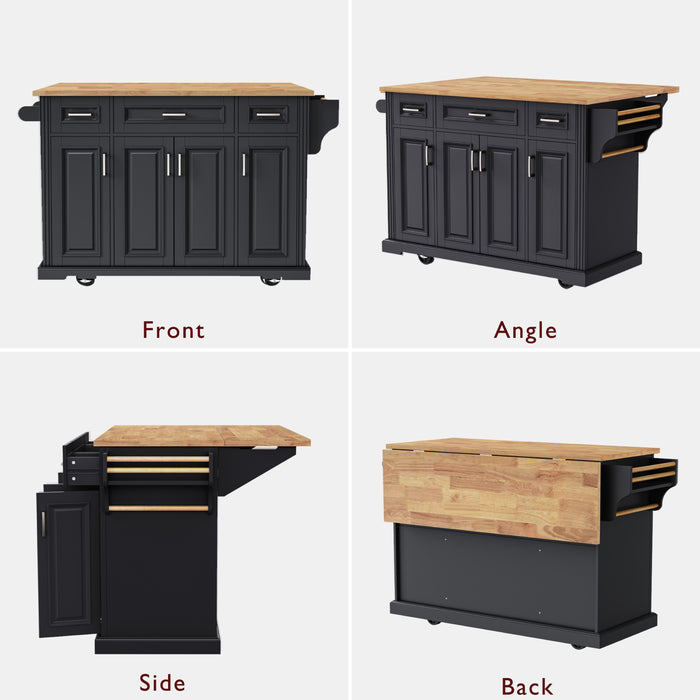 54inch Large Kitchen Island with Rubber Wood Drop Leaf, Embossed Texture Rolling Kitchen Cart on 4 Wheels with 4 Doors and 3 Drawers, Kitchen Island with Storage for Kitchen, Dining Room,Black - DTYStore