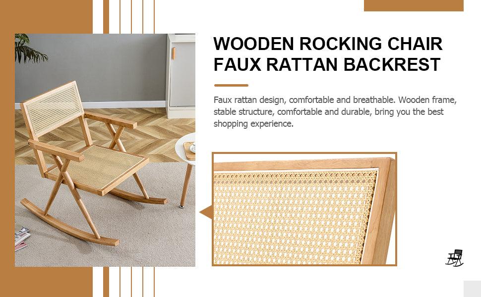 Solid Wood+Imitation Rattan Rocking Chair allows you to relax quietly indoors and outdoors, enhancing your sense of relaxation, suitable for balconies, gardens, and camping sites