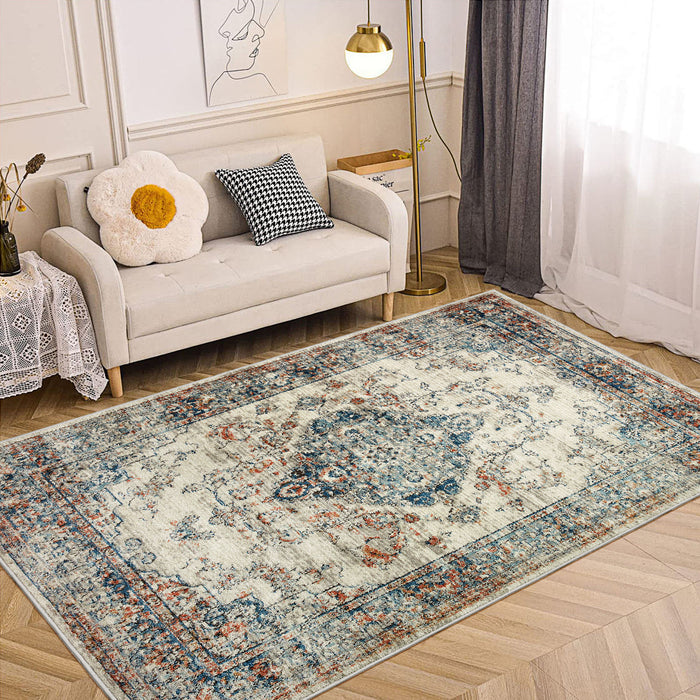 Area Rug 5x7 Vintage Bohemia Large Persian Non-slip Washable Rug For Living Room Kitchen Bedroom Living Room Flower Design Blue/Yellow - DTYStore