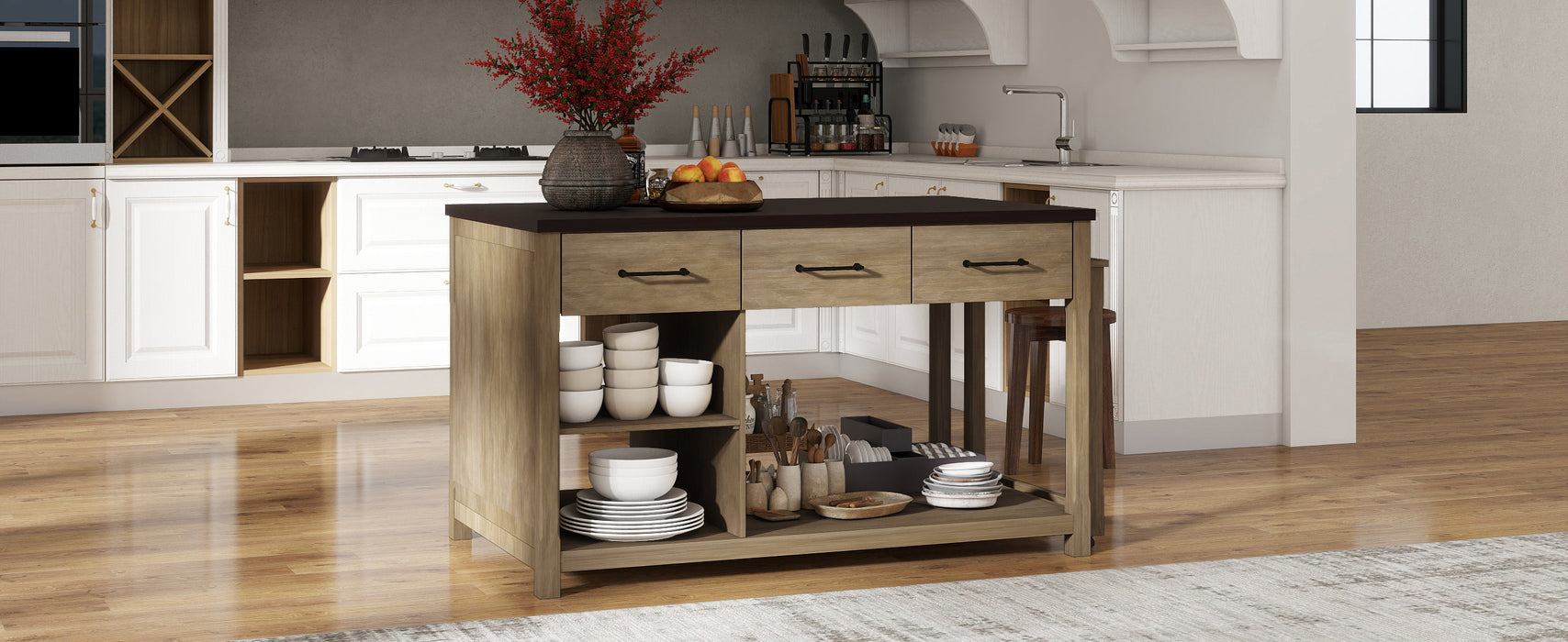 Extendable Kitchen Island with Storage, Multi-Functional Kitchen Cart with Built-In Power Outlets, Retro Kitchen Island on Wheels with Drawers and Open Shelves for Kitchen (Espresso+Natural) - DTYStore