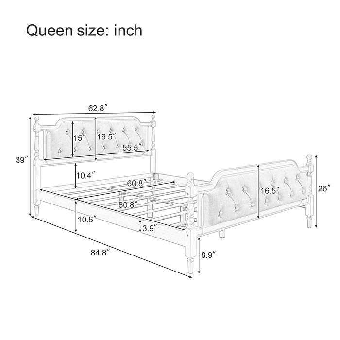 Traditional Style Solid Wood Bed Frame with Upholstered Tufted Headboard,No Box Spring Needed,Queen Size, Antique White - DTYStore