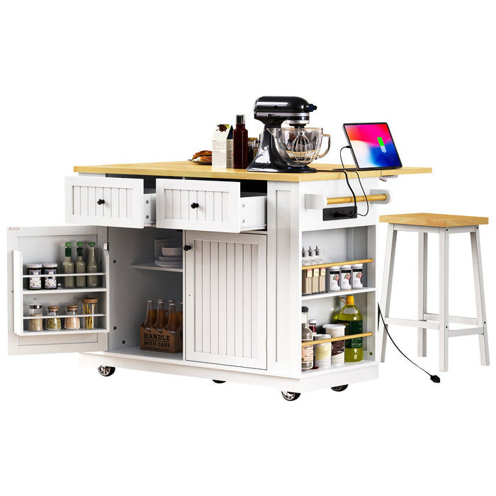 48inch Large Kitchen Island with 2 Bar Stools, Power Outlet, Door Internal Storage Rack, Kitchen Storage Cart on 5 Wheels with Drop Leaf, 5 Open Side Racks, 2 Drawers,for Kitchen,Dining Room,White - DTYStore