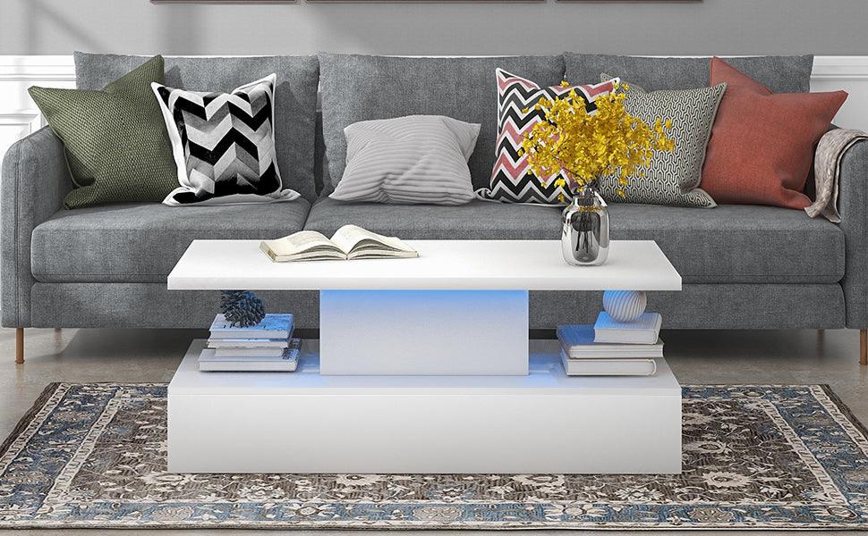 ON-TREND Coffee Table Cocktail Table Modern Industrial Design with LED lighting, 16 colors with a remote control, White