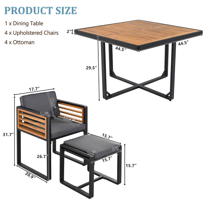 GO 18-Pieces Acacia Wood Patio Dining Set, Space Saving Outdoor Patio Set, 8 Cushioned Chairs & 8 Ottomans & 2 Square Table, for Backyard, Garden, Deck and Poolside, Gray - DTYStore