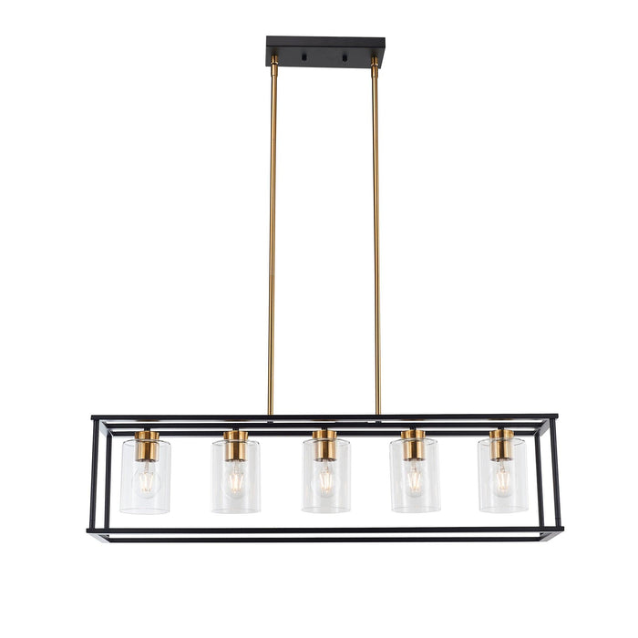 5-Lights Industrial Farmhouse Style Hanging Decorative Rectangle Pendant Lights, Black Antique Brass With Clear Glass Shade, Dining Room Kitchen Island Chandelier