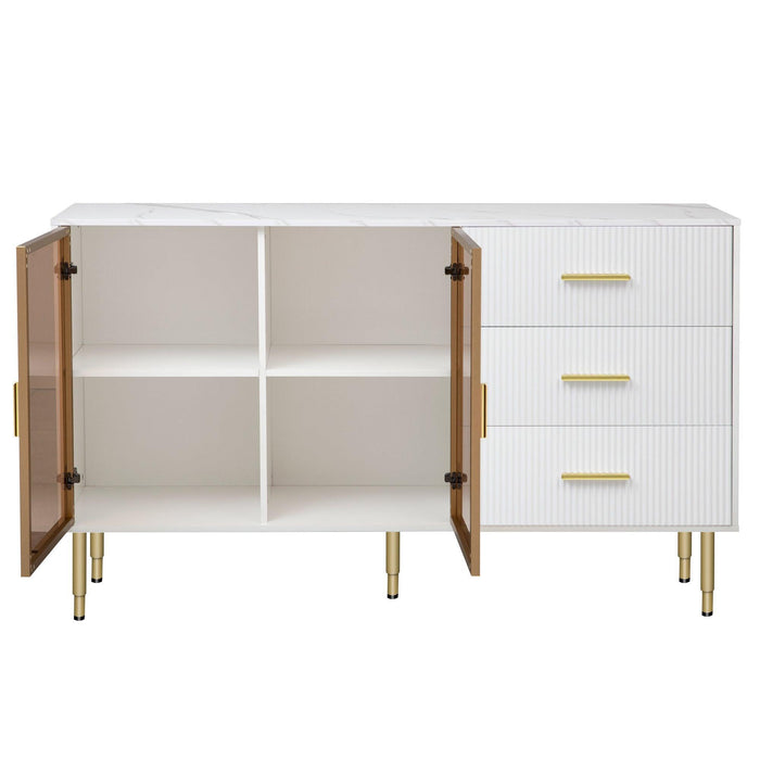 Modern Sideboard MDF Buffet Cabinet with Marble Sticker Tabletop and Glass Doors